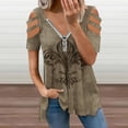 thumbnail image 2 of Vintage Fleur-de-lis Sepia Womens Summer V Neck Zipper Top Short Sleeve T Shirt Off Shoulder Top Casual Classy Loose Shirts, 2 of 7