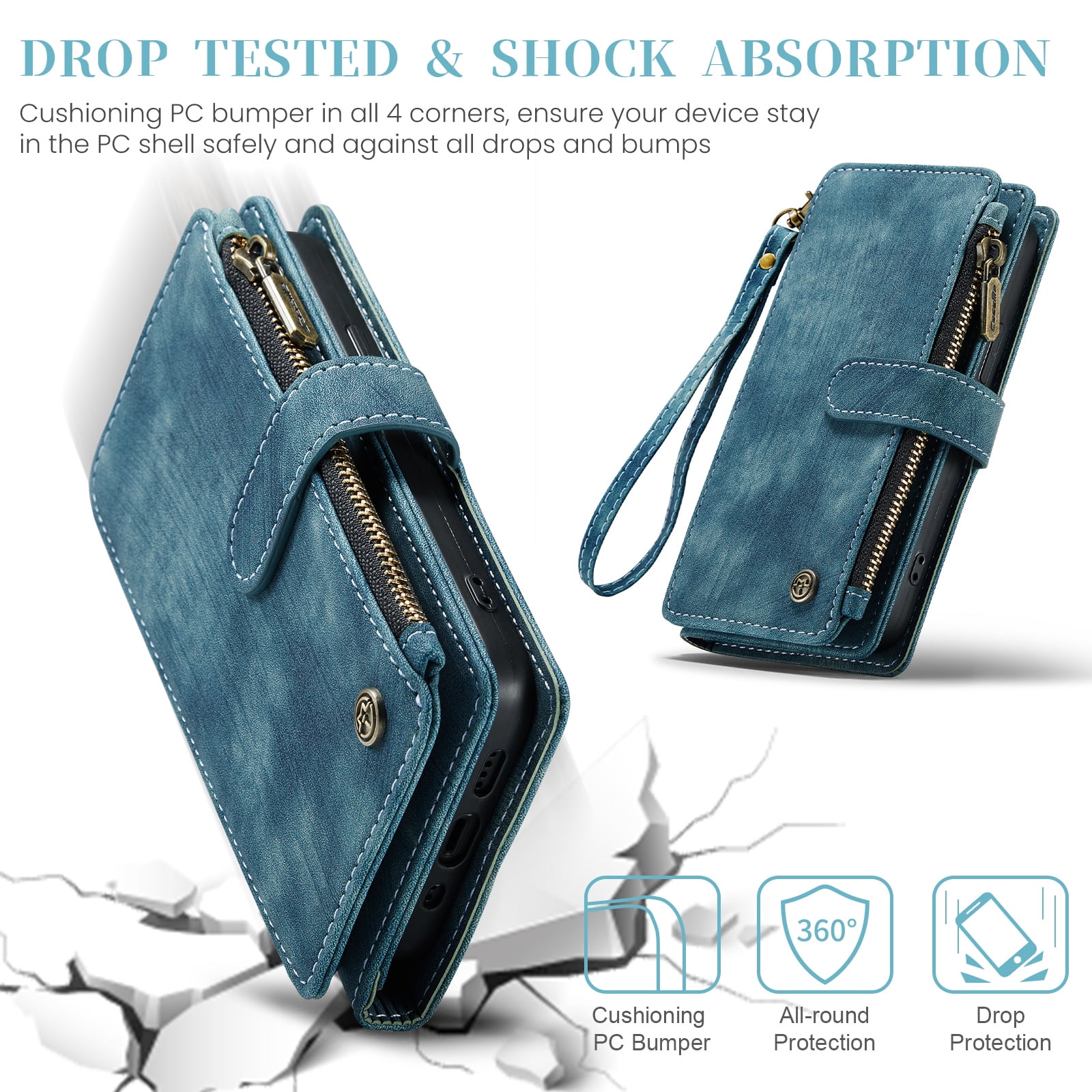 Dteck for iPhone 15 Pro Case with Card Holder, Premium iPhone 15 Pro Wallet Case for Women Men, Heavy Duty Durable PU Leather With Flip Zipper Pocket Phone Case w/ Wrist Strap Lanyard,Blue