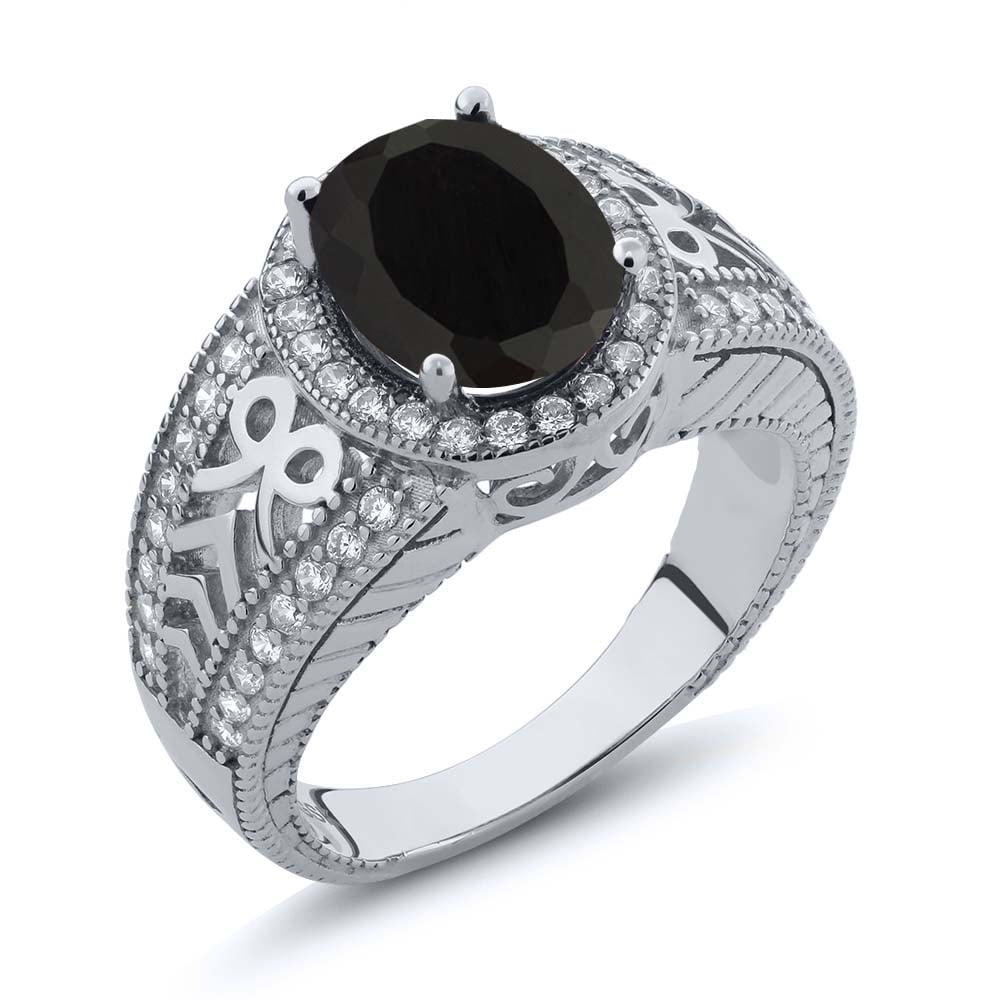 Gem Stone King 925 Sterling Silver Black Onyx Gemstone Jewelry Women's Ring 2.83 Cttw, 10X8MM Oval Center (Available 5,6,7,8,9)