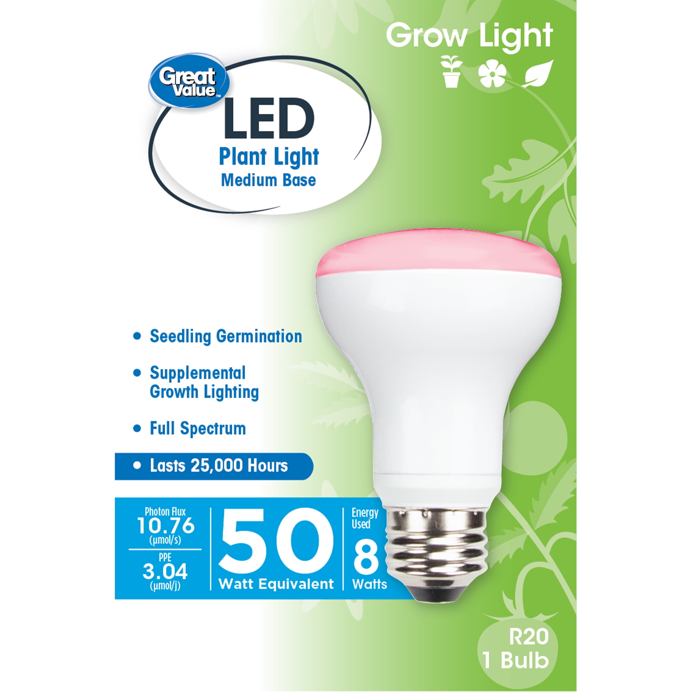 Great Value LED Light Bulb, 8W (65W Equivalent) BR30 Grow Light Lamp E26  Medium Base, Non-dimmable, Plant, 1-Pack - Walmart.com