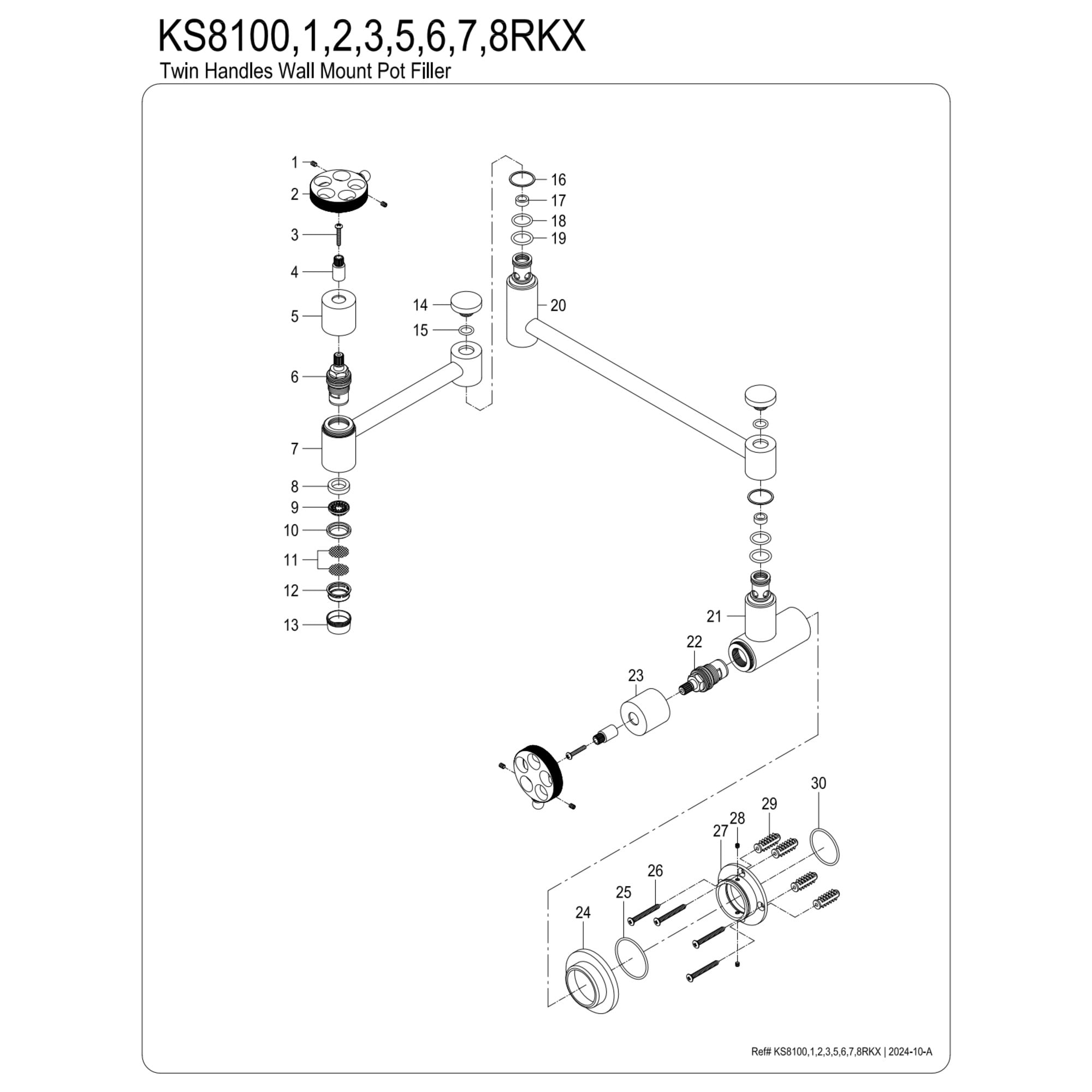 Kingston Brass KS8102RKX Webb Wall Mount Pot Filler Faucet with Knurled Handle, Polished Brass