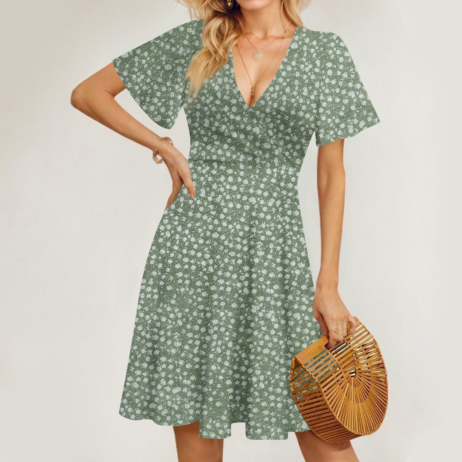 GXIPO Modest Dresses Wrap V Neck Knee Length Sundresses for Women Over 50  Green 2XL