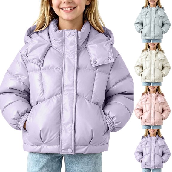 Fancifize Winter Warm Puffer Jacket for Girls, Zip Up Long Sleeve Hooded Coat, Kids Lightweight Cozy Outerwear with Pockets 3-12Y