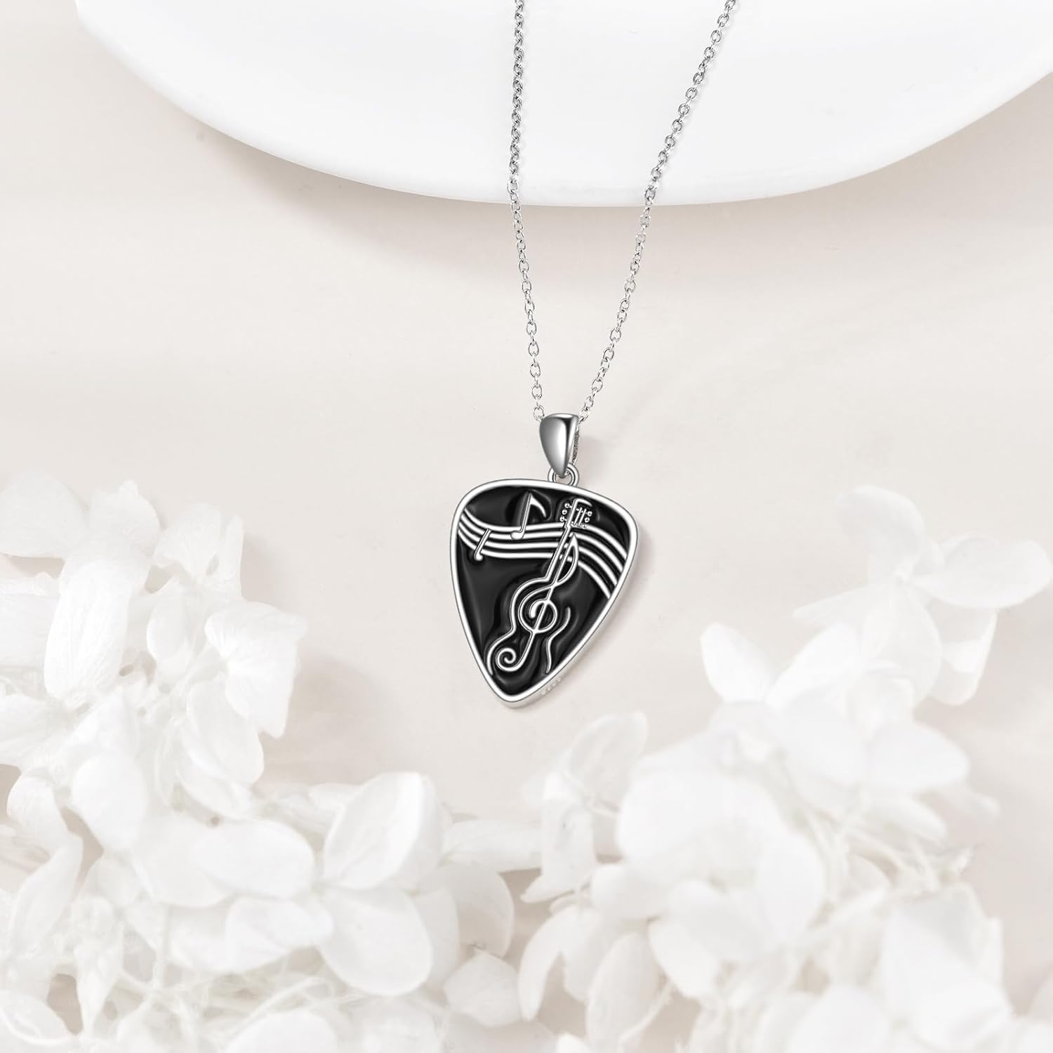 YAFEINI Guitar Pick Necklace 925 Sterling Silver Guitar Pick Holder Pendant Necklace Guitar with Music Note Pendant Jewelry for Women Men Music Lover