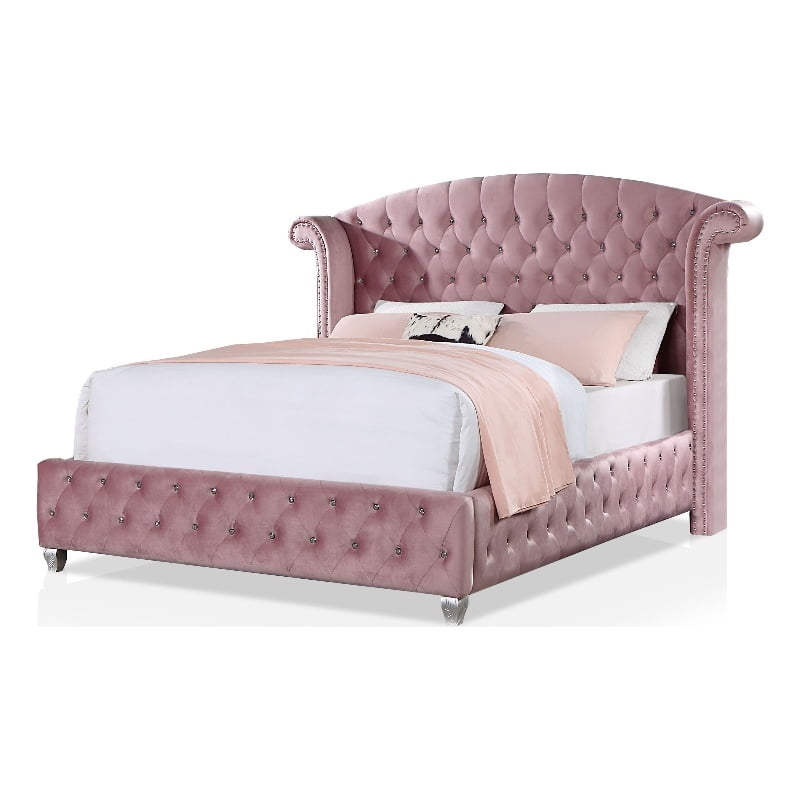Furniture of America Cyndi Glam Fabric Wingback Pink Full Bed with Care