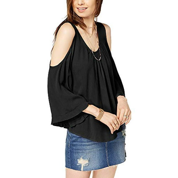 Juniors' Cold-Shoulder Ruffle-Sleeved Blouse Black L