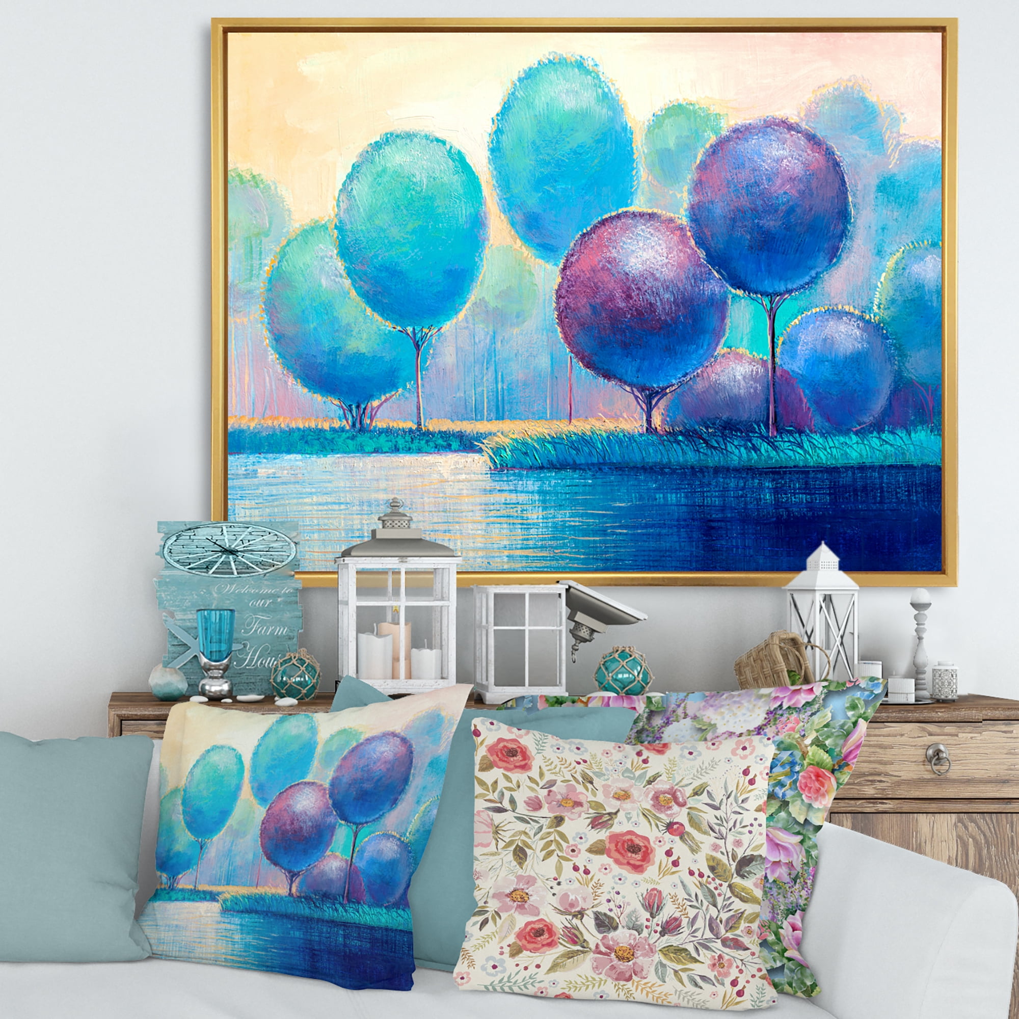 Designart 'Ornamental Colourful Trees V' Modern Framed Canvas Wall Art Print