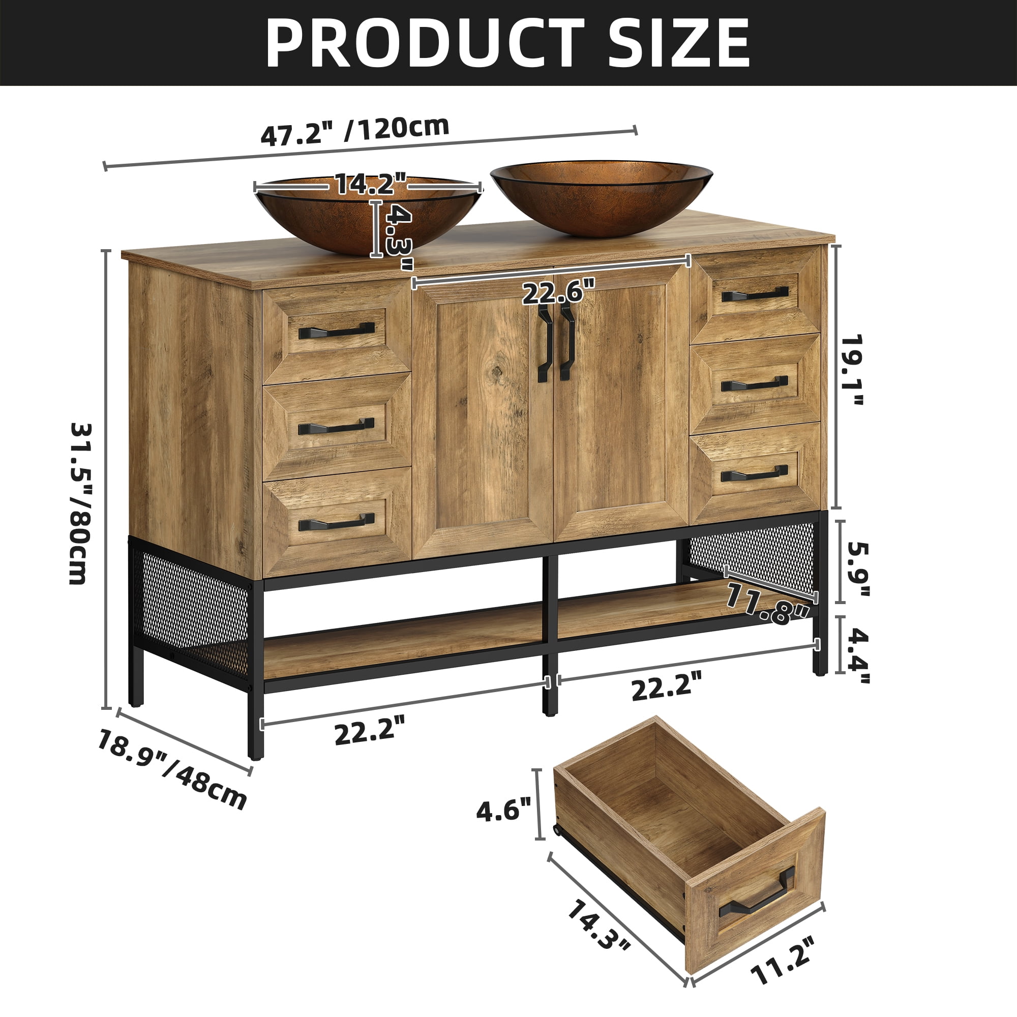 Uforic 47.2 Inch Large Bathroom Vanity with Countertop Sink, Rustic Free Standing Bathroom Storage Cabinet with Drain, Rustic OAK