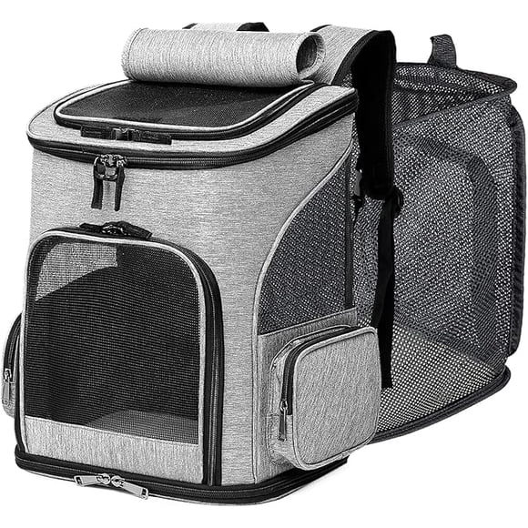 Mochila Transportadora para Llevar Mascotas Perros y Gatos Portatil de Viaje para aerolinea o en Ciudad. Estable, tranpirables y Comoda por Dentro. Expandible para Mayor Comodidad. (Gris)