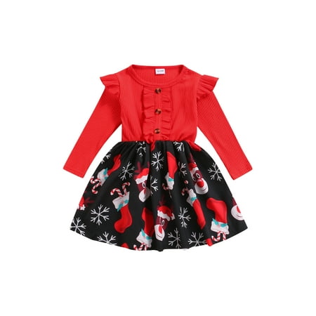 

Calsunbaby Infant Toddler Baby Girls Christmas Dress Long Sleeve Cartoon Print Rib Knit Button Front Ruffle Dress