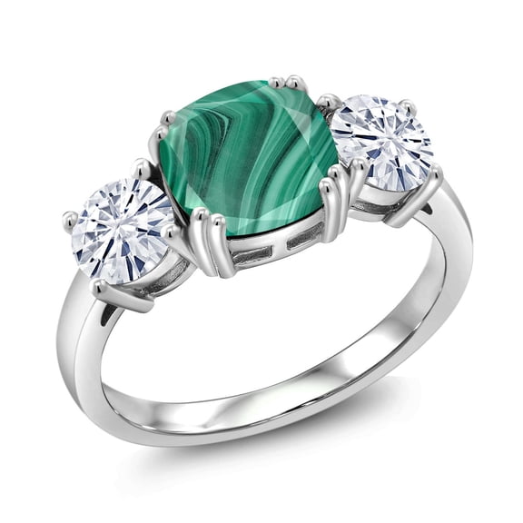 Gem Stone King 925 Sterling Silver Green Malachite and White Moissanite 3 Stone Engagement Ring for Women (4.00 Cttw, Gemstone, Cushion 8MM, Size 5)