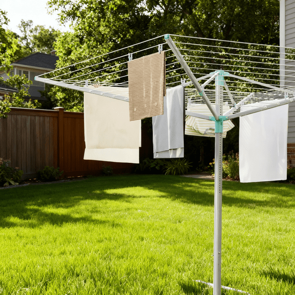 LEDREM Retractable Outdoor Drying Rack, Height Adjustable Umbrella Clothesline 197 Ft Long, Holds 6 Loads with Ground Spike & Cover for Garden, Silver and Green