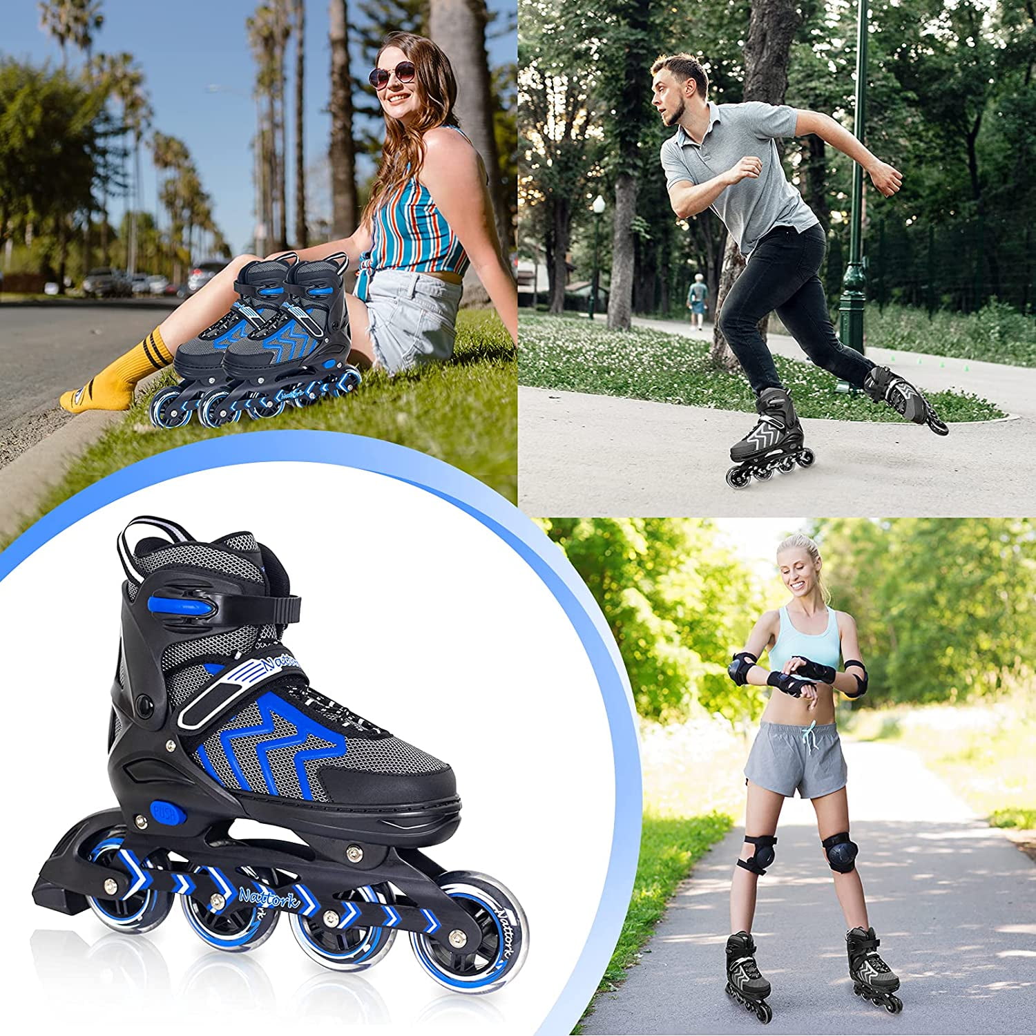 SubSun Inline Skates for Adults Men Women Adjustable Aggressive Durable Roller Blades with Giant Wheels Blue S