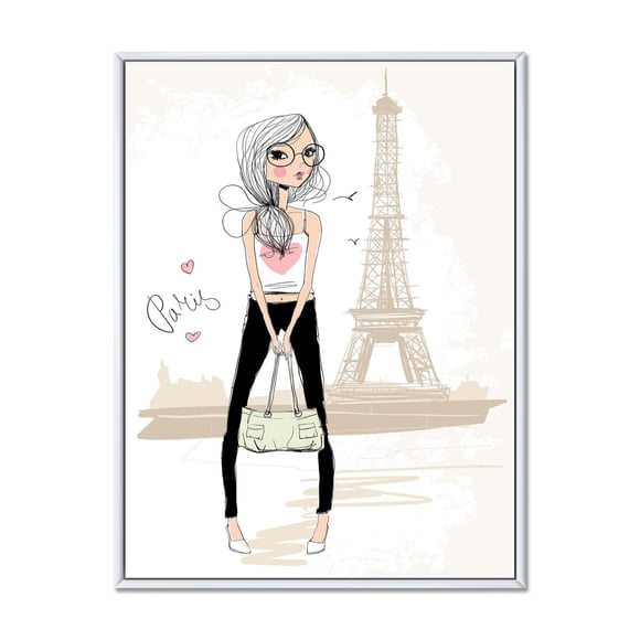 Designart Cute Girl By The Tour Eiffel In Paris FLOAT FRAME WALL ART
