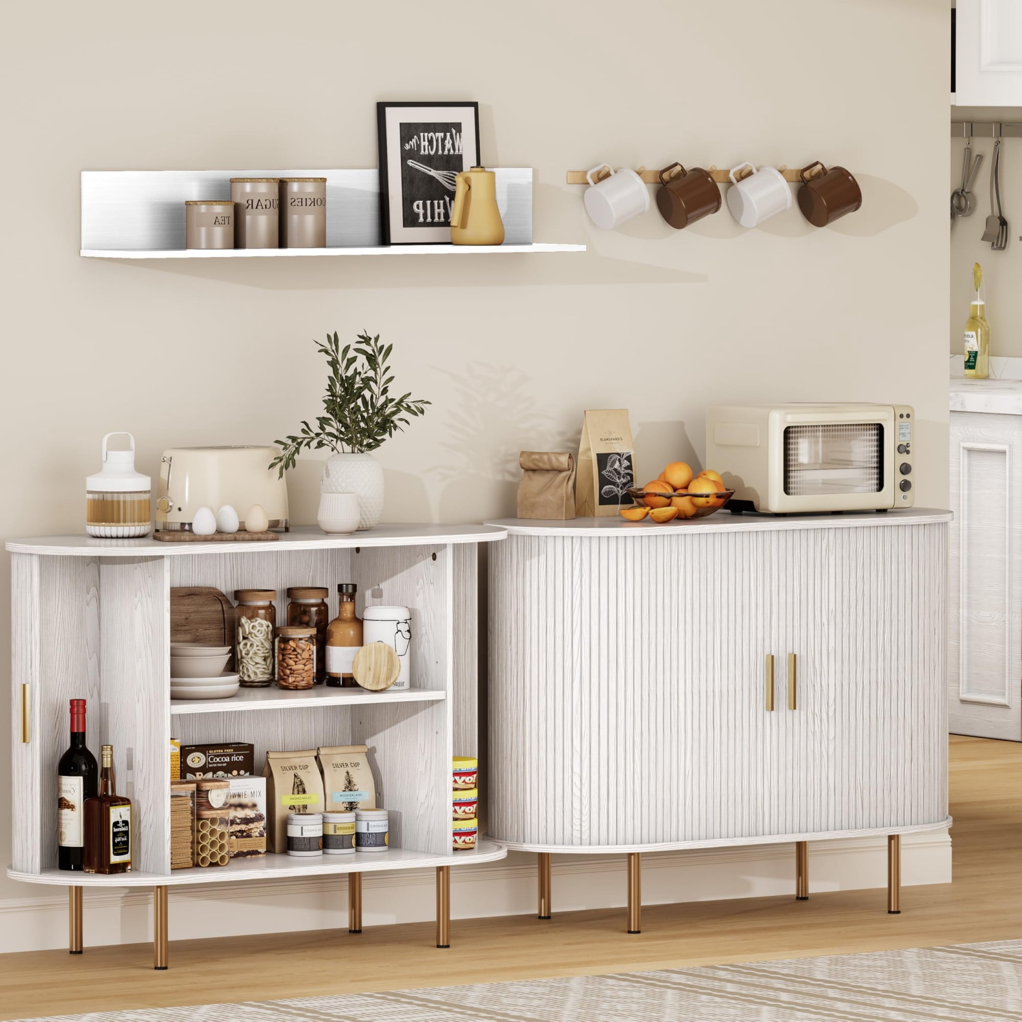 Mid Century Modern Sideboard Buffet Cabinet, 55 Inch Fluted Coffee Bar Console with Tambour Sliding Doors, White