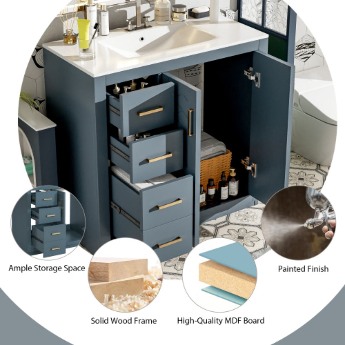 36" Bathroom Vanity with Sink, Freestanding Bathroom Vanity Cabinet with Ceramic Sink, Solid Wood Frame, 3 Drawers & Soft Close Doors, Modern Storage Cabinet, Blue