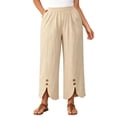 thumbnail image 3 of Thousandth Women's Cotton Linen Pants Casual Summer Elastic Waist Wide Leg Loose Fit Palazzo Pants Cropped Trousers with Button Decor and Slit Hem Daily Wear, 3 of 7