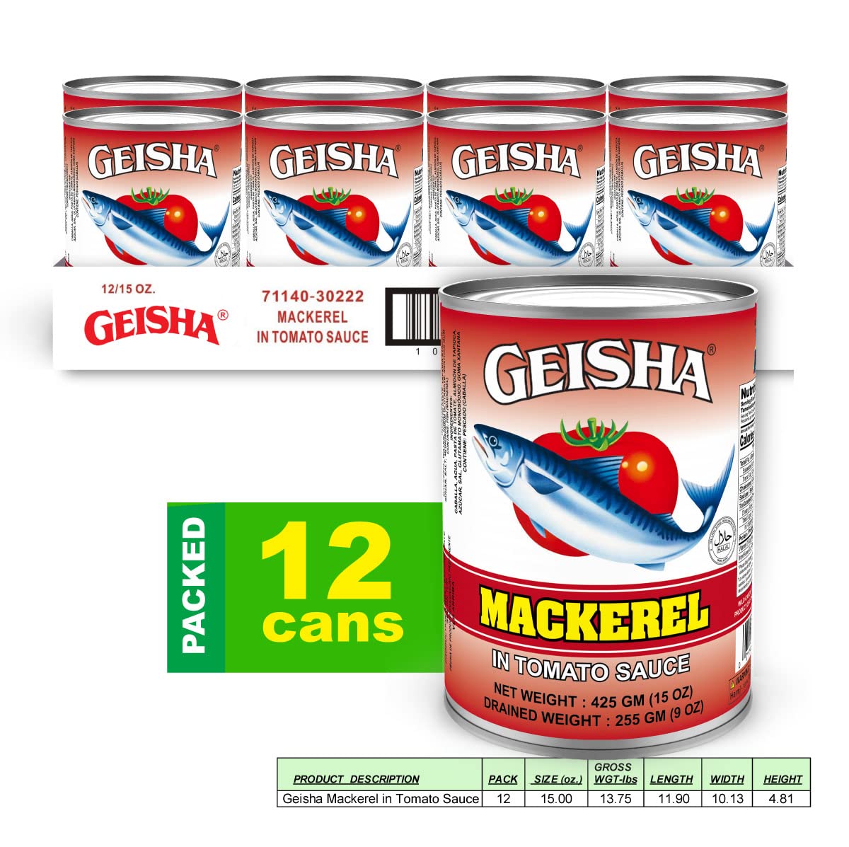 GEISHA Mackerel in Tomato Sauce 15OZ. (Pack of 12), Scomber Japonicus| Halal Certified － Good Source of Protien － Wild Caught －Tomato Sauce