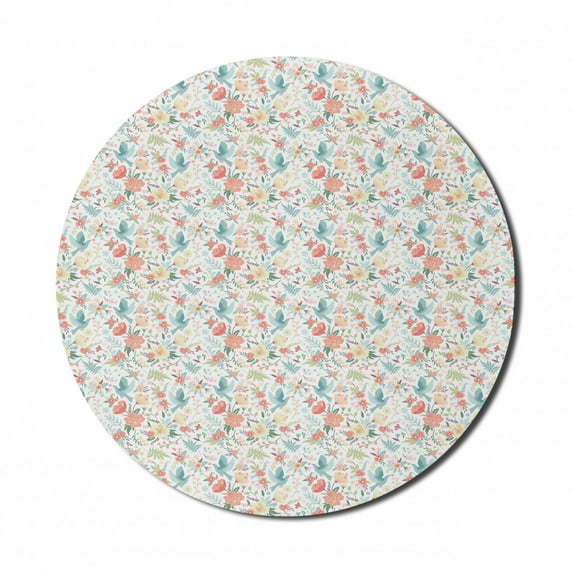 Birds Mouse Pad for Computers, Flying Blue Pigeons Carrying Tiny Flower on the Beak Among Lillies Tulips and Roses, Round Non-Slip Thick Rubber Modern Mousepad, 8" Round, Multicolor, by Ambesonne