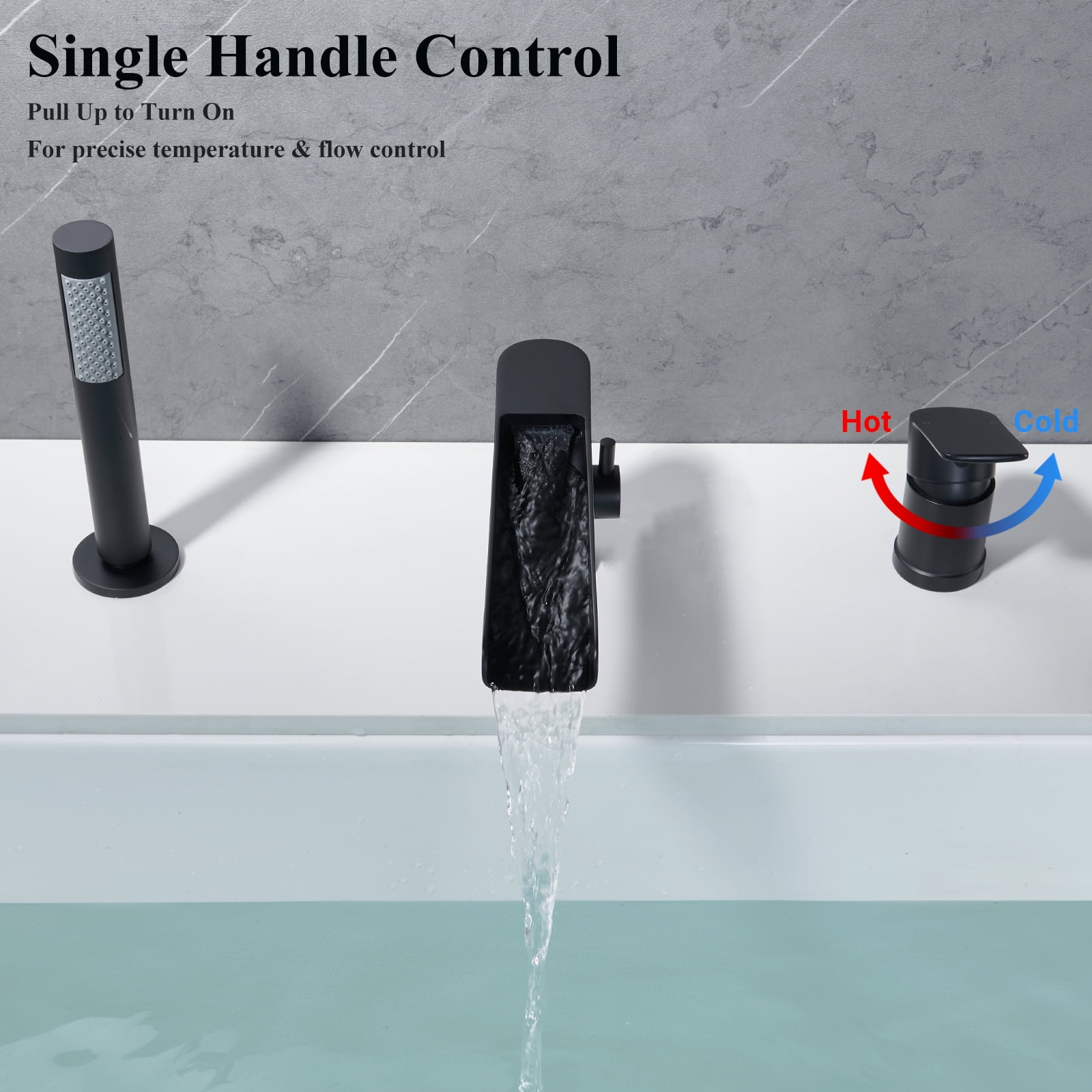 Roman Bathtub Faucet with Sprayer Deck Mount 3-Hole Tub Filler Faucet, Black Waterfall Roman Tub Faucet with Valve Included