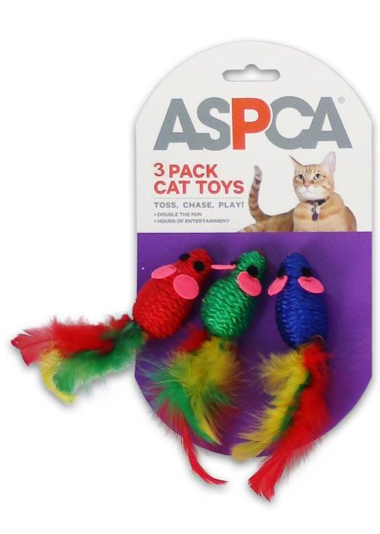 ASPCA Colorful Feathery Rope Mice Cat Toys, 3Pack, Red/Green/Blue