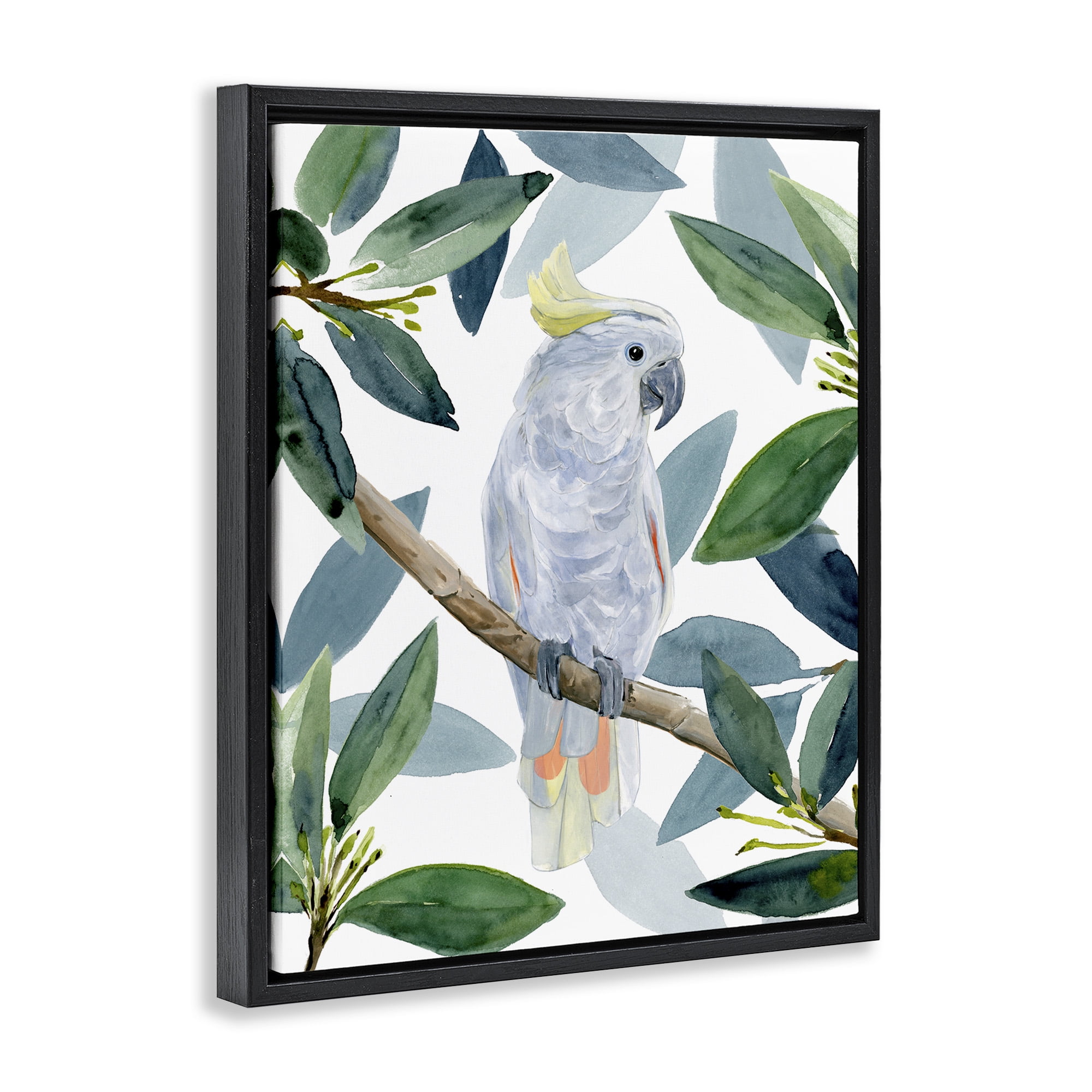 Stupell Industries Tropical Cockatoo & Greenery Animals & Insects Painting Black Floater Framed Canvas Art Print Wall Art, 25 x 31