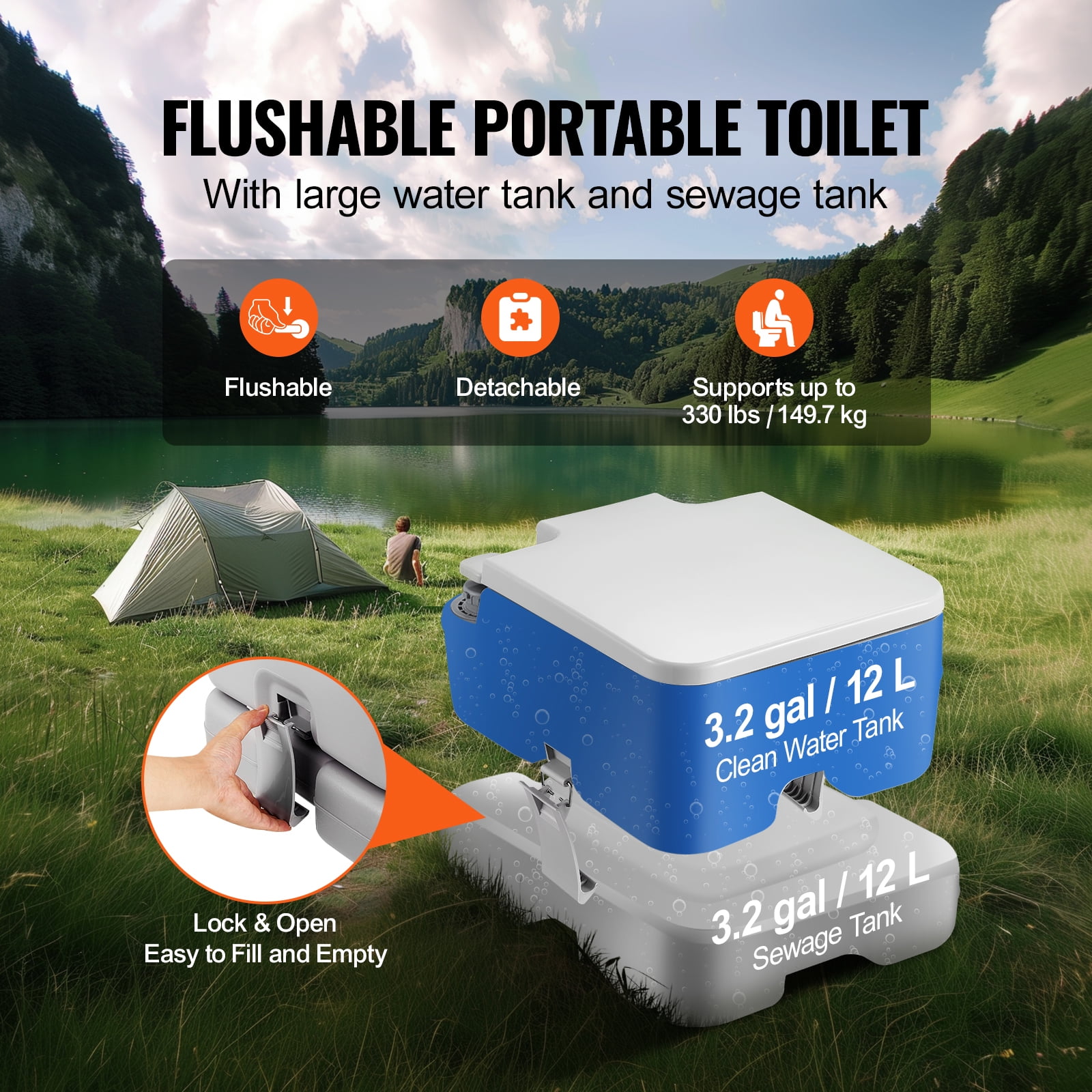 KFFKFF Portable Camping Toilet, Features a 3.2 Gal Disposal & Flush Tank, Easy Push-Button Flush, Secure and Smell-Free Portable Loo for Adults and Children on Road Trips or Camping