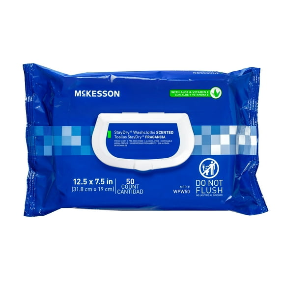 McKesson StayDry Adult Wipes and Washcloths 7.5 x 12.5" WPW50, 1 Pack 50 Wipes