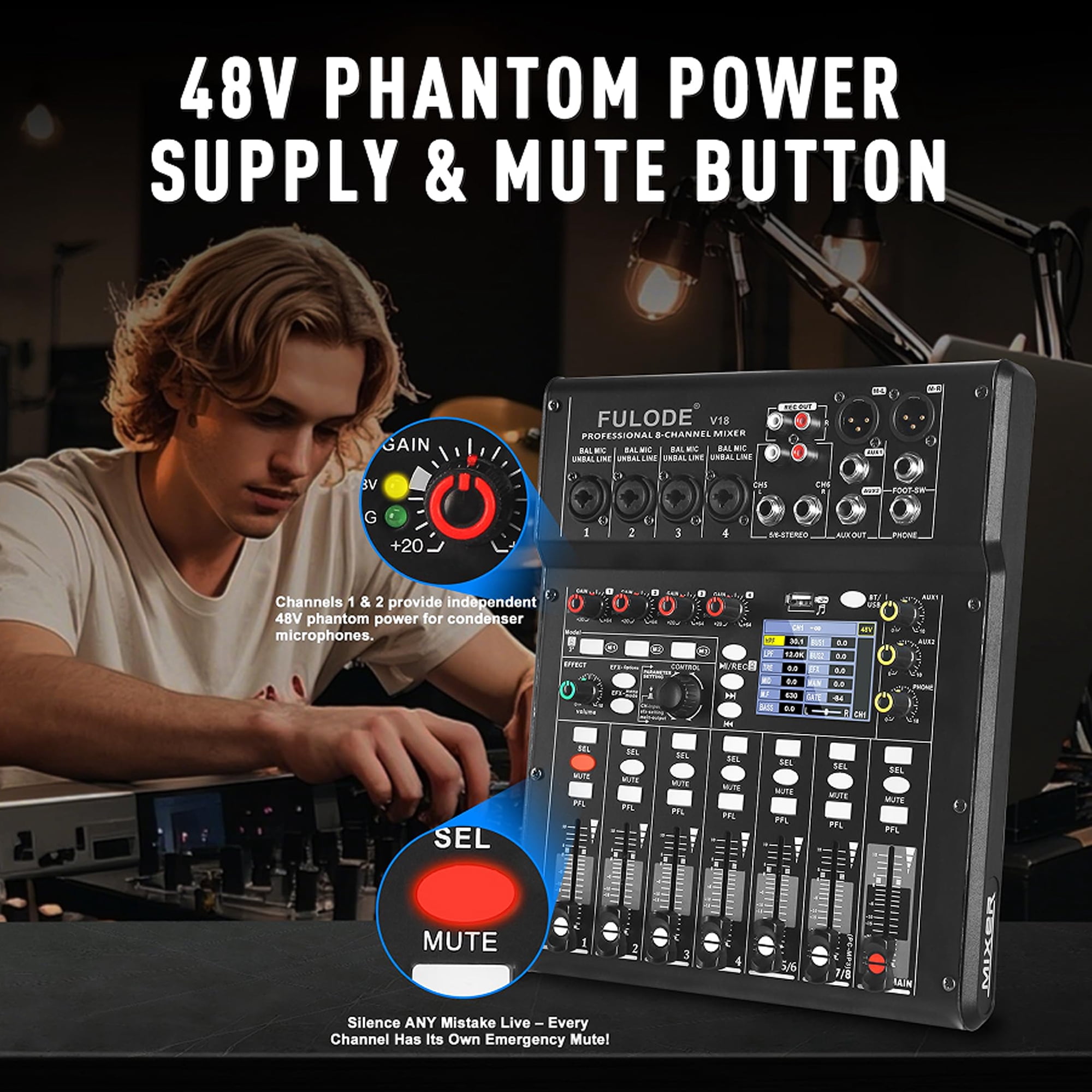 Digital Mixer 8 Channel Compact Audio Mixing Console with 16 DSP Effects, Professional 6-Band EQ DJ Music Sound Mixer with 2.0 USB Port, Bluetooth & PC Debugging for Recording Live Performance