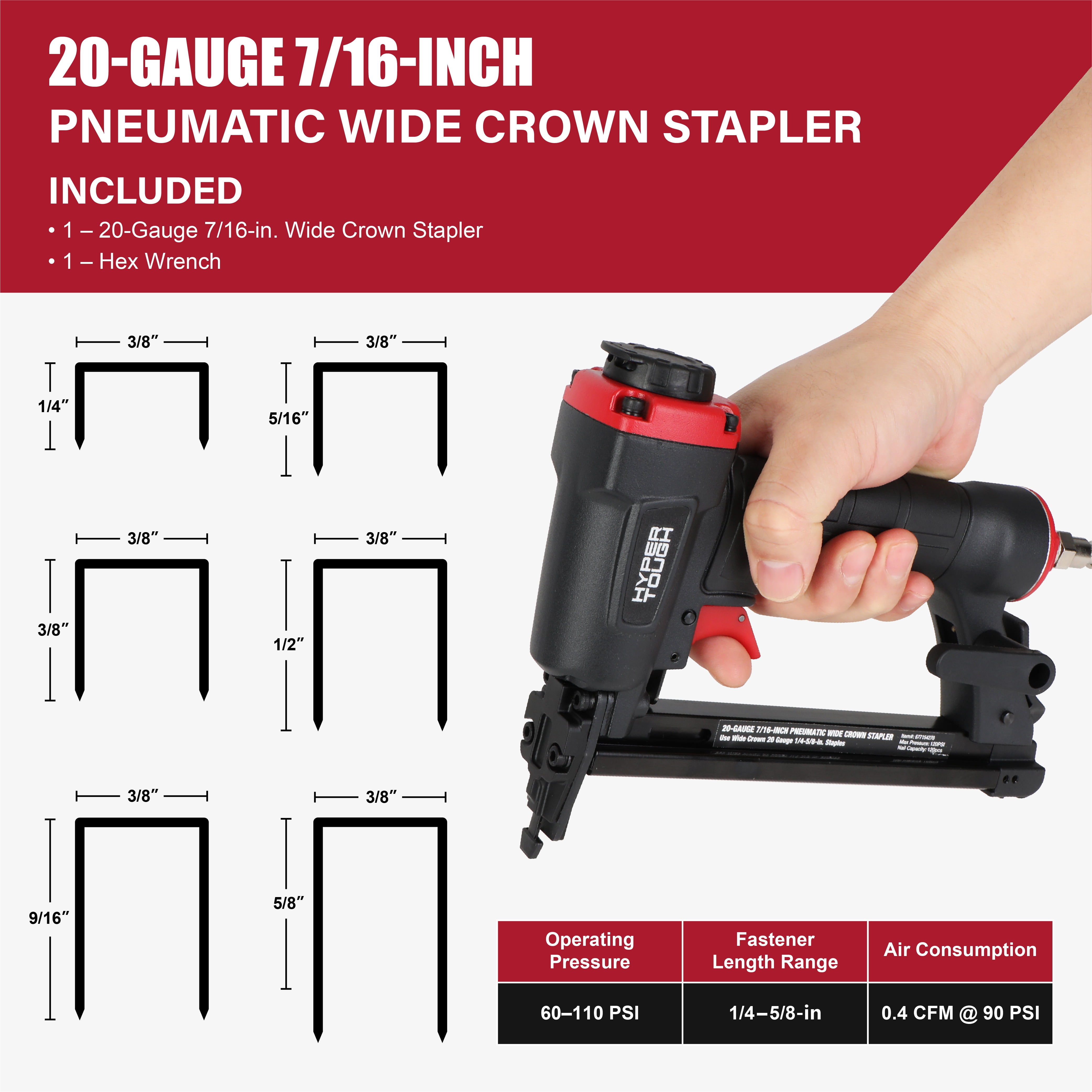 Hyper Tough 20-Gauge 7/16 inch Pneumatic Wide Crown Stapler