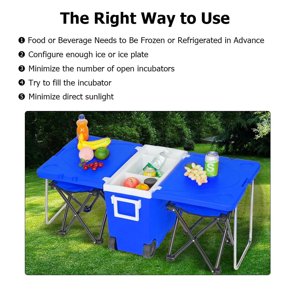 Huaki Outdoor Picnic Foldable Multi Function Rolling Cooler Upgraded Stool Included Foldable Table Two Chairs Blue Patio Lawn Garden Cooling Bins