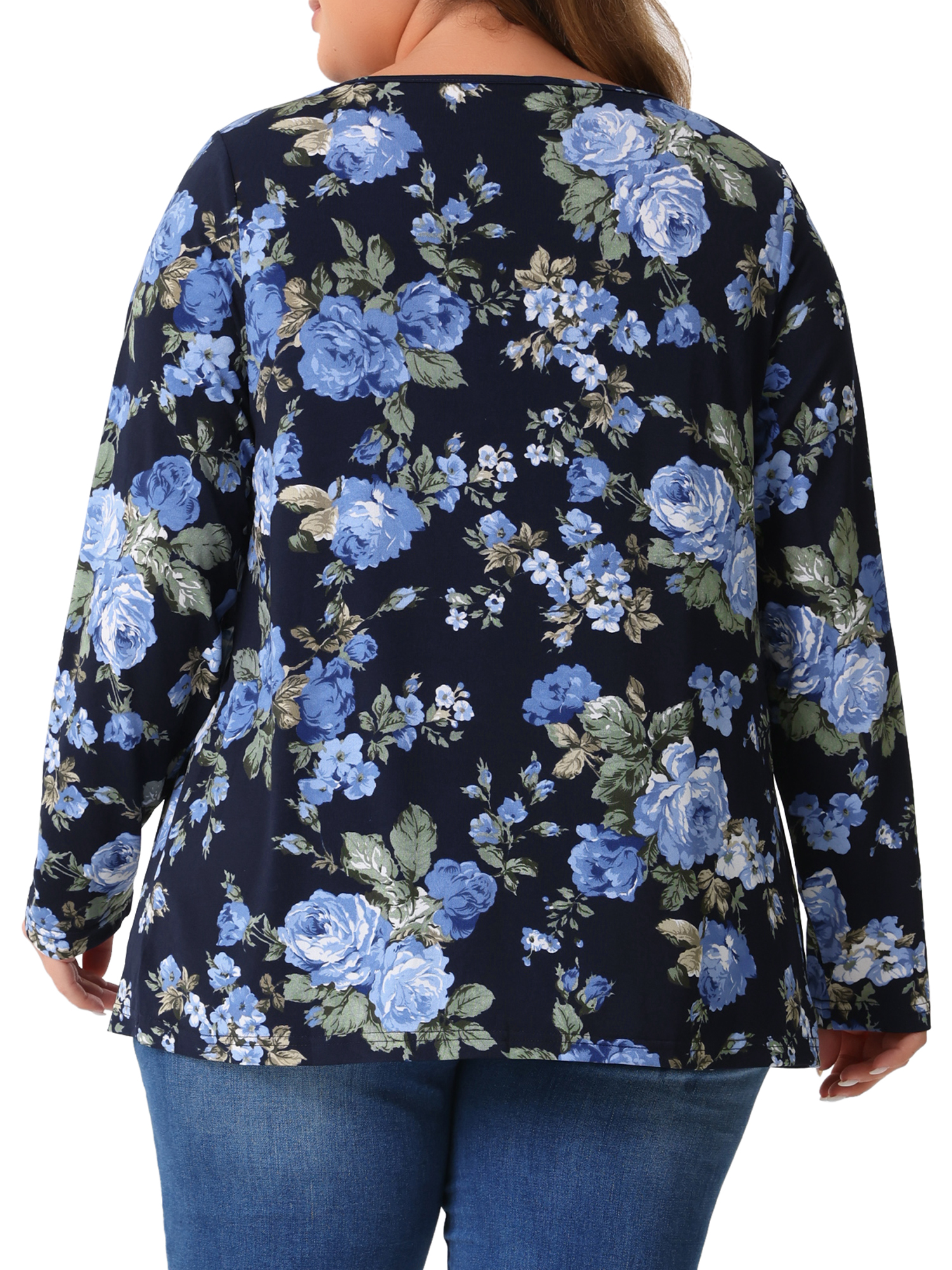 DARING DIVA Women's Plus Size Floral Long Sleeve Pleated Crew Neck Blouse 4X Dark Blue