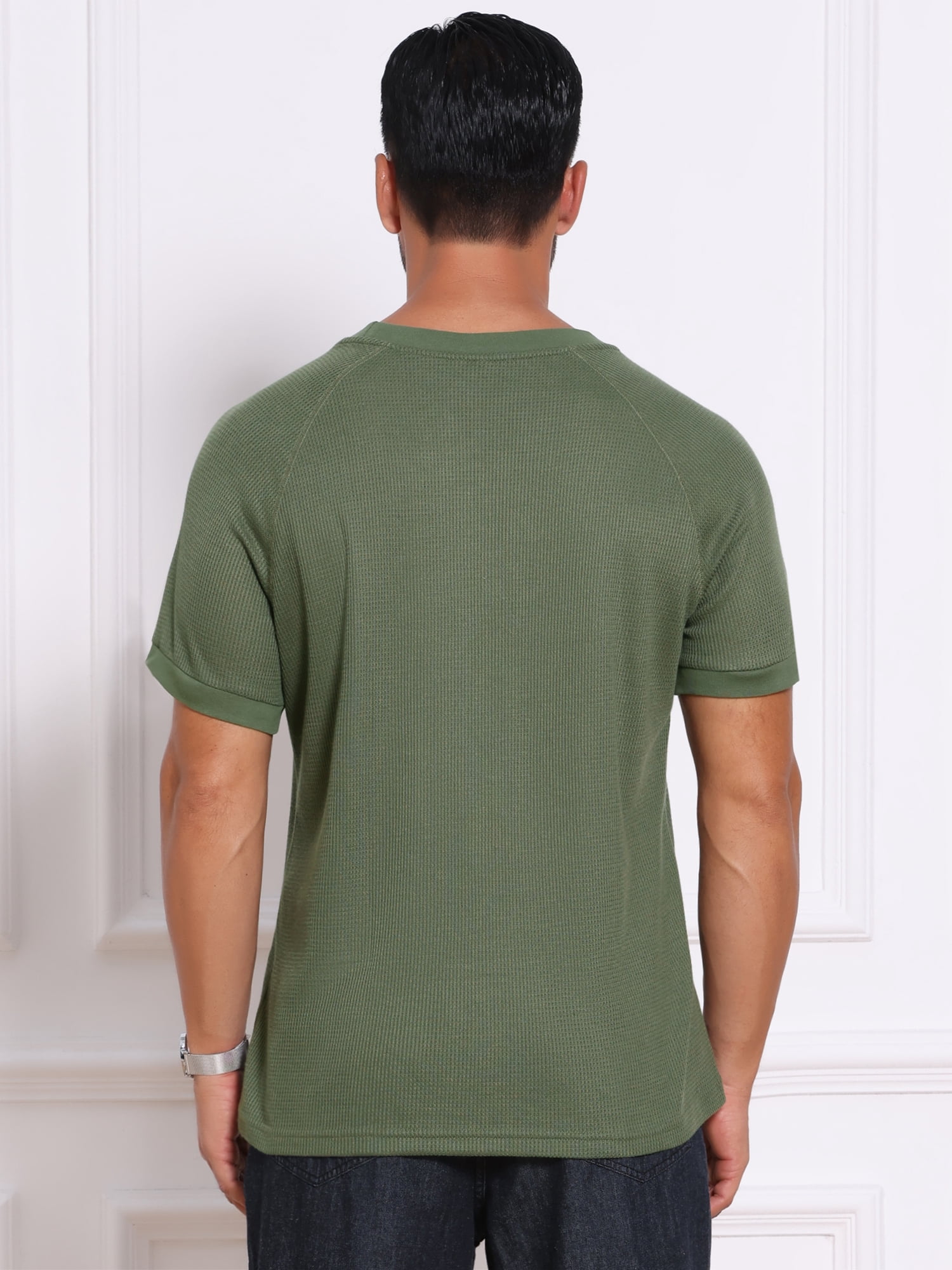 DARING DIVA Men's Waffle Fabric Classic Crew Neck Raglan Short Sleeves 2XL Olive Green