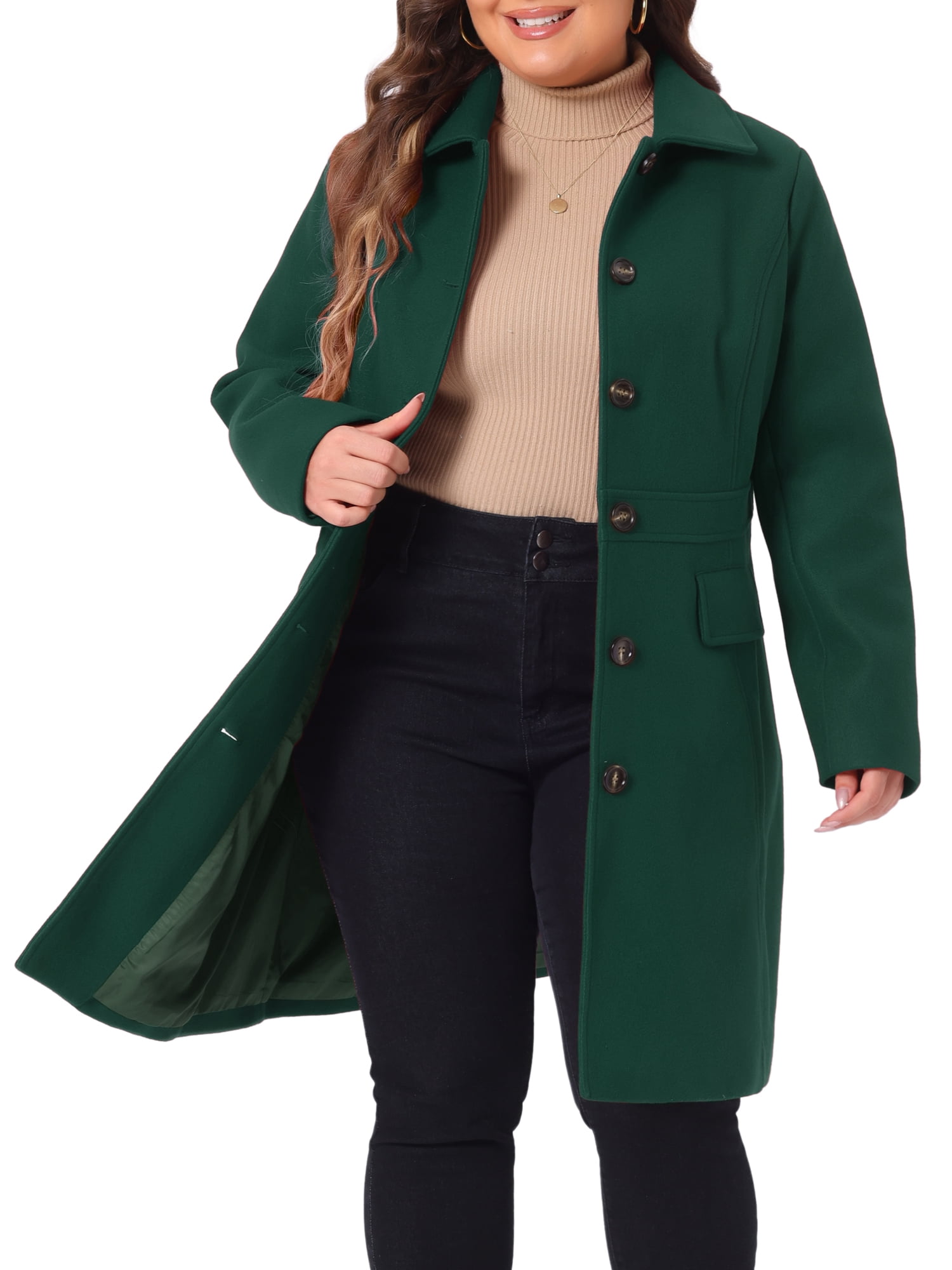 DARING DIVA Women's Plus Size Peter Pan Collar Single Breasted Coat 2X Dark Green