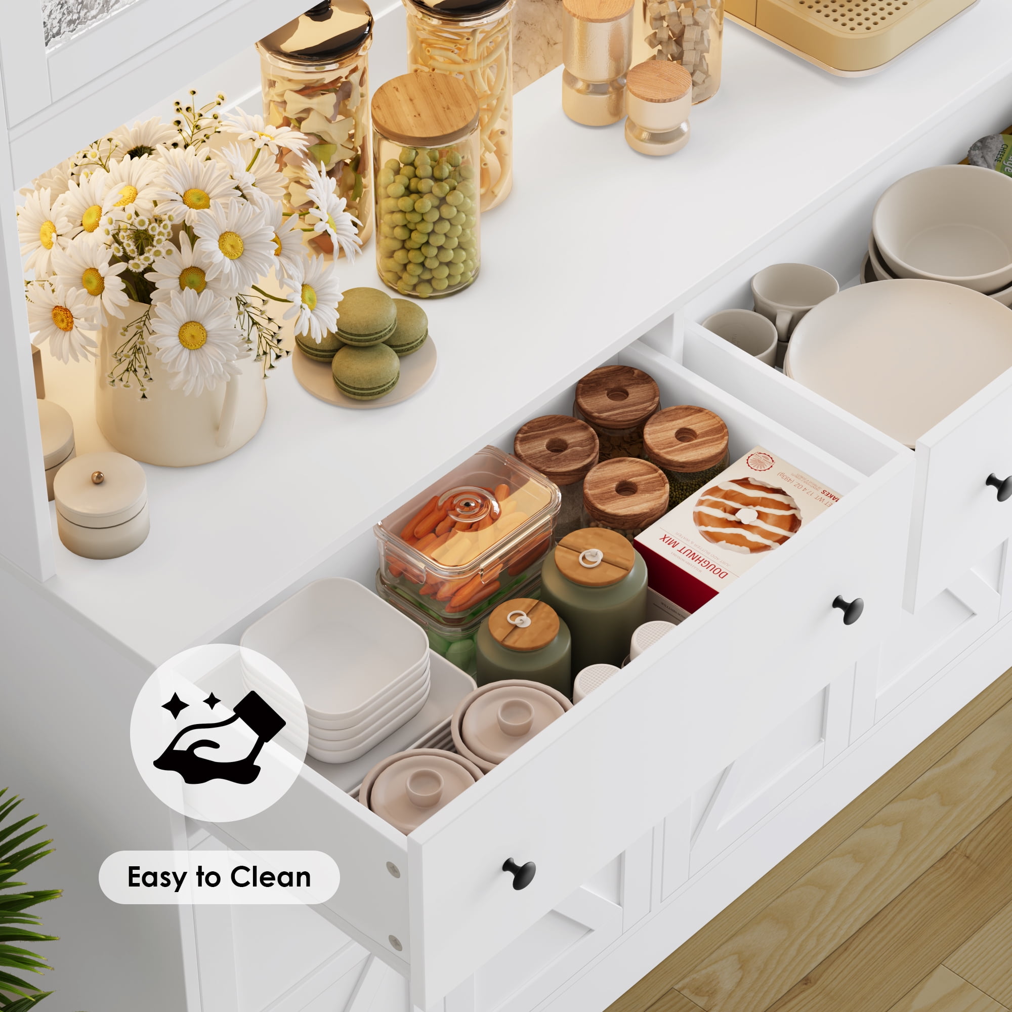 Homfa 71" Tall Kitchen Pantry Cabinet with LED Lights & Charging Station, MDF Freestanding Storage Cupboard with 8 Doors 2 Drawers, Buffet Cabinet with Storage for Dining Living Room, White
