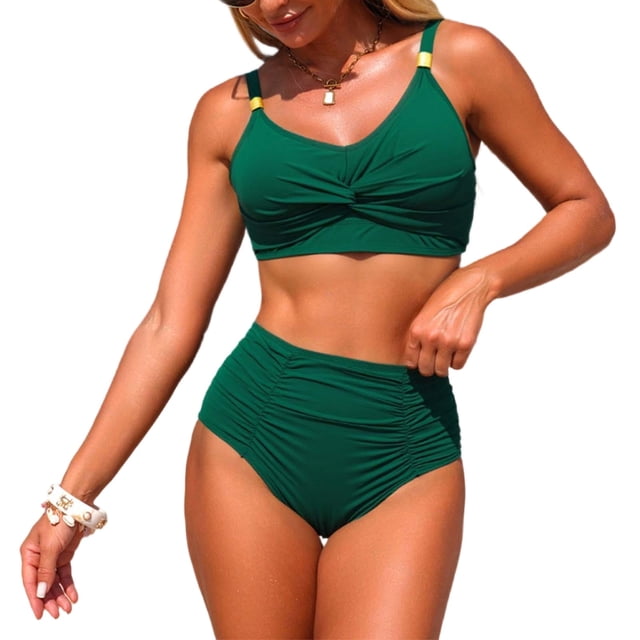 Conjunto Inferior Del Bikini Del Lado de la Corbata Del Cuello en V Del Nudo Delantero de las Mujeres Empuja Arriba la Parte Superior Acolchada con la Pierna de Corte Alto Dos Piezas de Traje de Baño