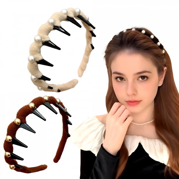 VANIDO 2 Pack U Shape Fashion Tooth Hair Comb Headband, Zig Zag High Cranium Headbands for Women, Reverse Hair Bands with Teeth for Women Girls (Brown & Beige, Pearl Hairband)
