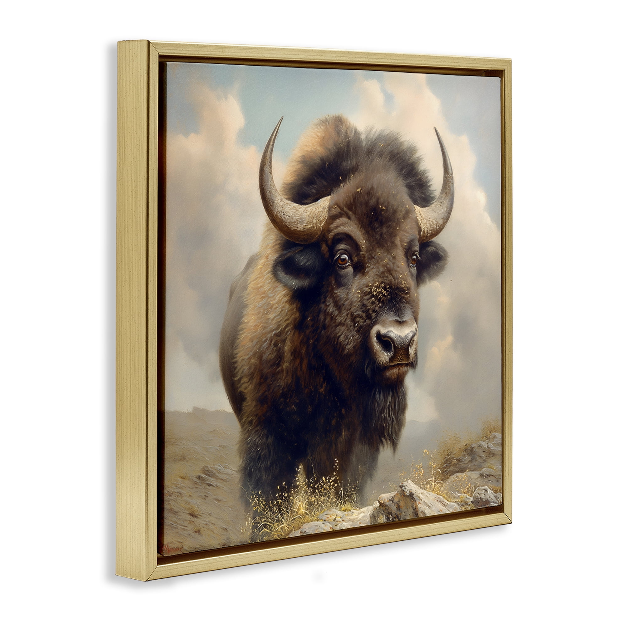 Stupell Industries Strong Bison Horns Animals Painting Gold Floater Framed Canvas Art Print Wall Art, 18 x 18