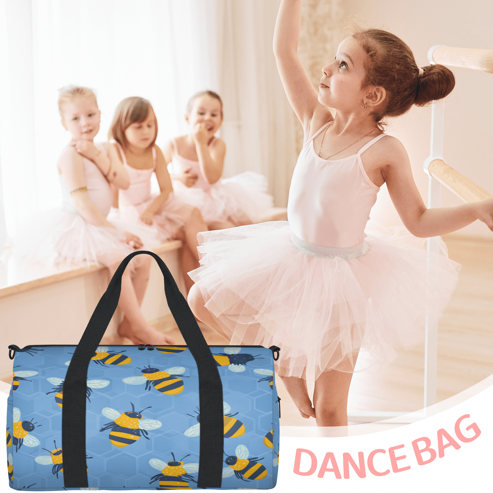 Herdesigns Black Yellow Bee Gym Bag for Women, Duffle Bag for Travel Sport, Honeycomb Lightweight Waterproof Carry on Weekender Dance Yoga Workout Bags