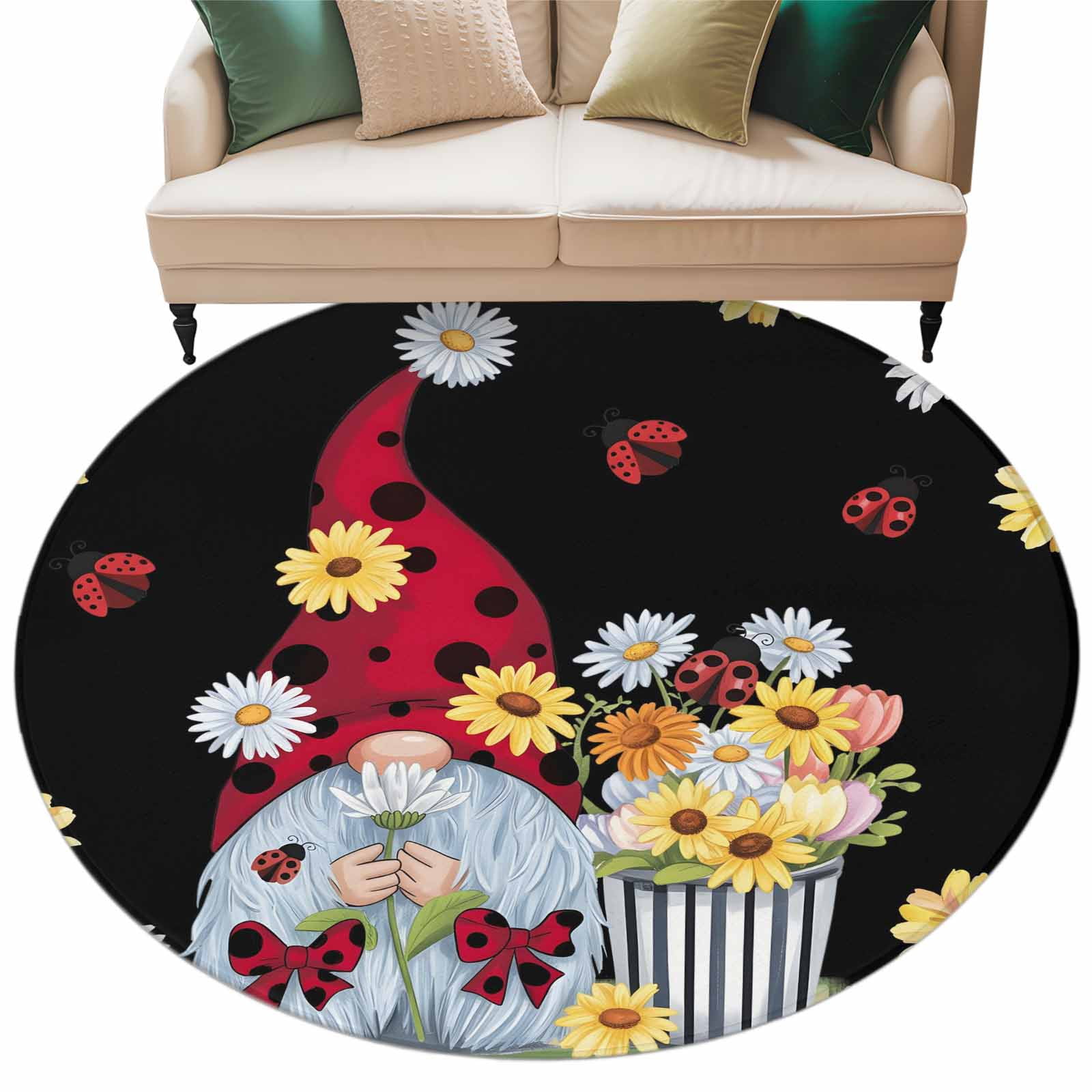 Round Rug 5ft Area Rug Pastoral Floral Gnome Area Rugs for Living Room Bedroom Yellow White on Black Floor Mat Non-Slip Non-Shedding Carpet Indoor Accent Rugs