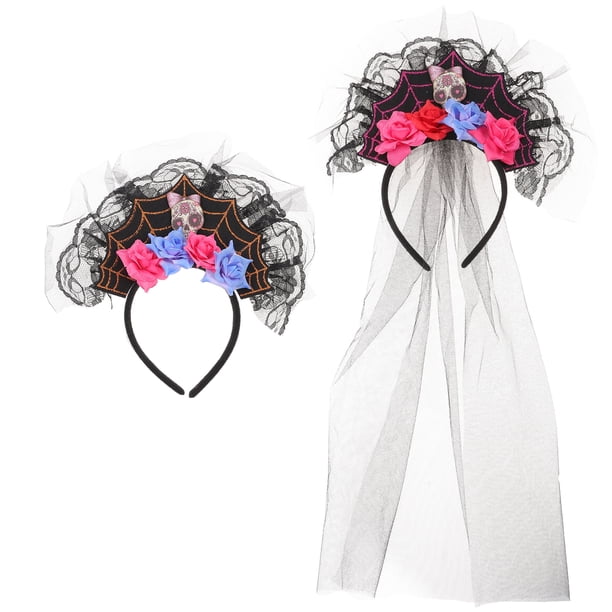 2pcs Halloween encaje malla cabello aro diadema de flores de cráneo para mujeres estilo aleatorio