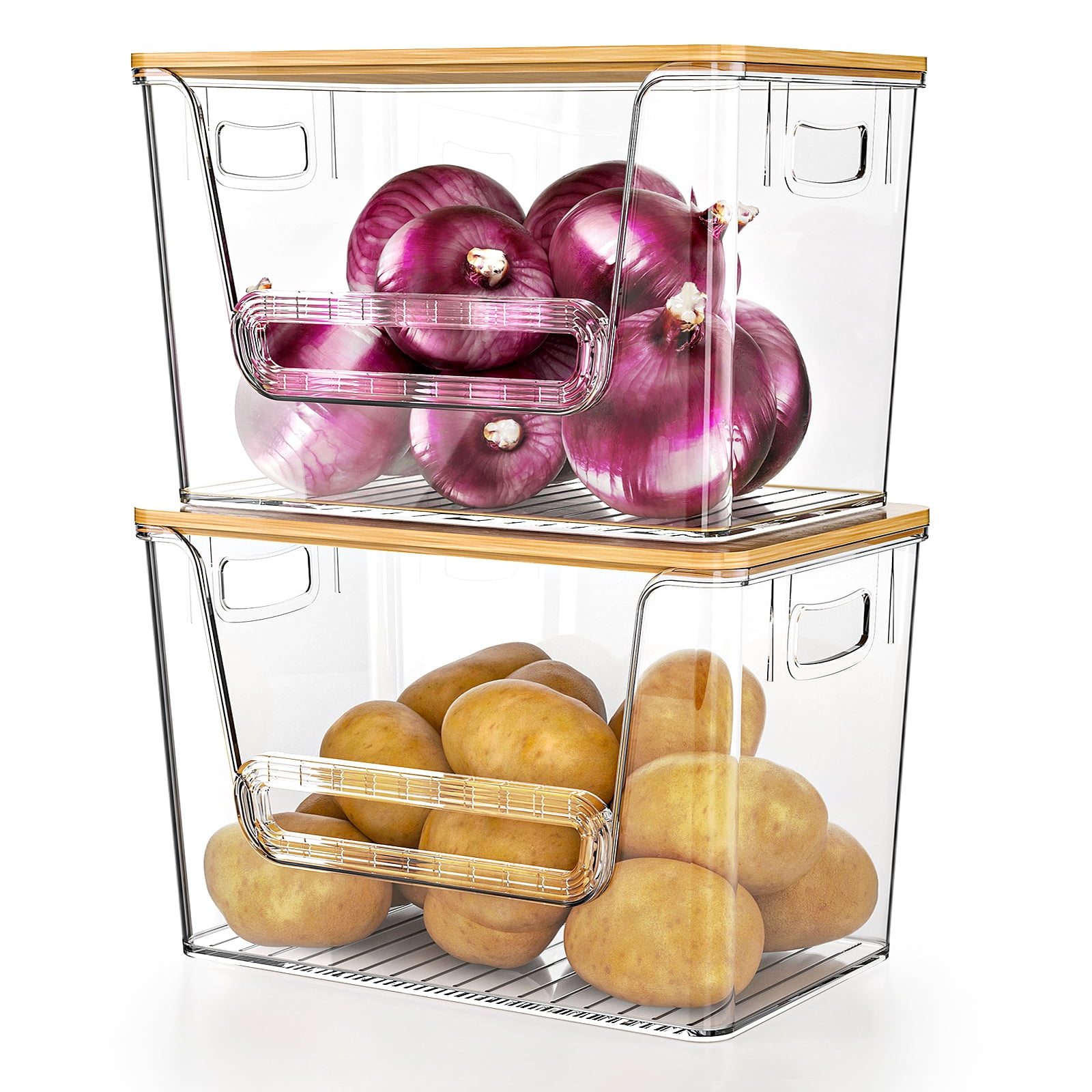Potato Storage Bin, ORDORA Onion Holder Stackable Kitchen Pantry Organizer with Bamboo Lid 4 Pack, Clear