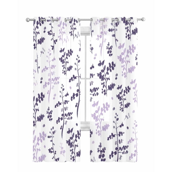Purple Grey Botanical Sheer Curtains 84 Inch Length 2 Panels Set for Living Room/Bedroom, Watercolor Spring Floral Summer Leaf Kitchen Curtains Grommet Semi-Sheer Curtains Window Treatments 42"x84"x2