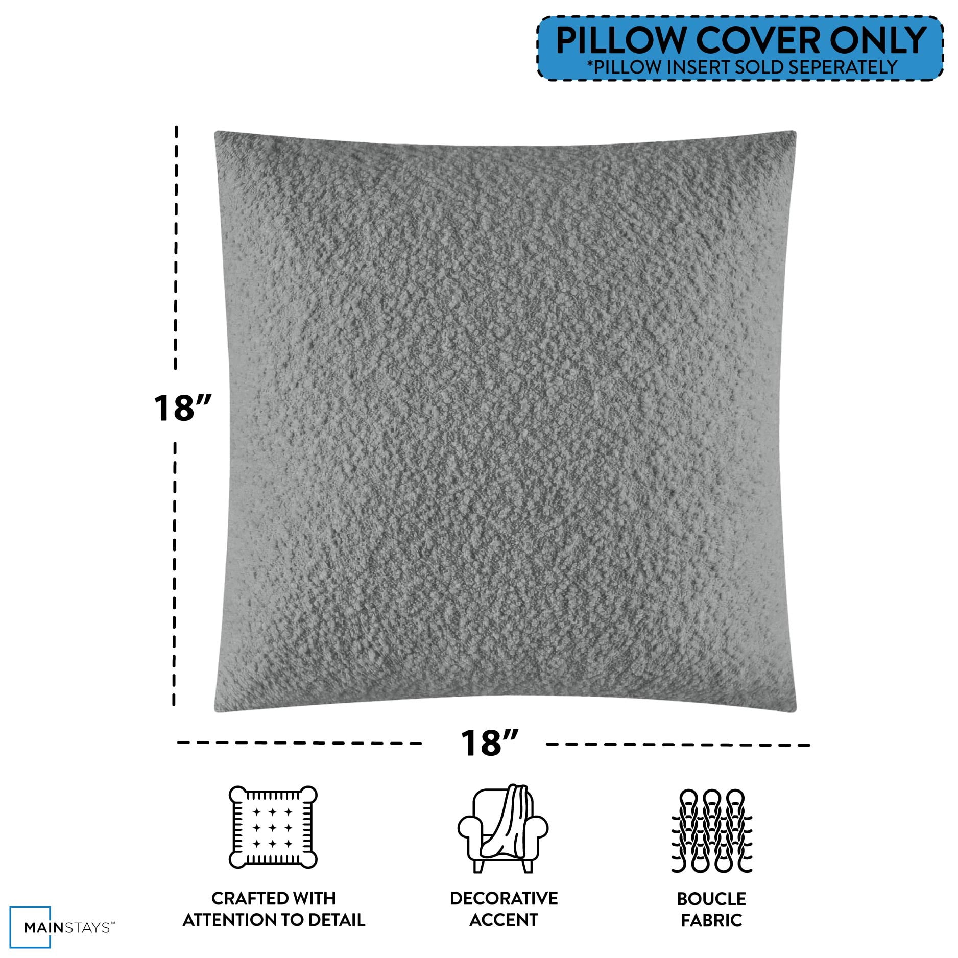 Mainstays 18"x18" Boucle Decorative Throw Pillow Cover- 2Pk- Soothing Gray