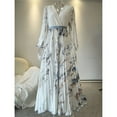 thumbnail image 6 of Women's V Neck Floral Printed Pleated Dress Long Sleeve Flowy A Line Party Maxi Cocktail Dresses White S, 6 of 7
