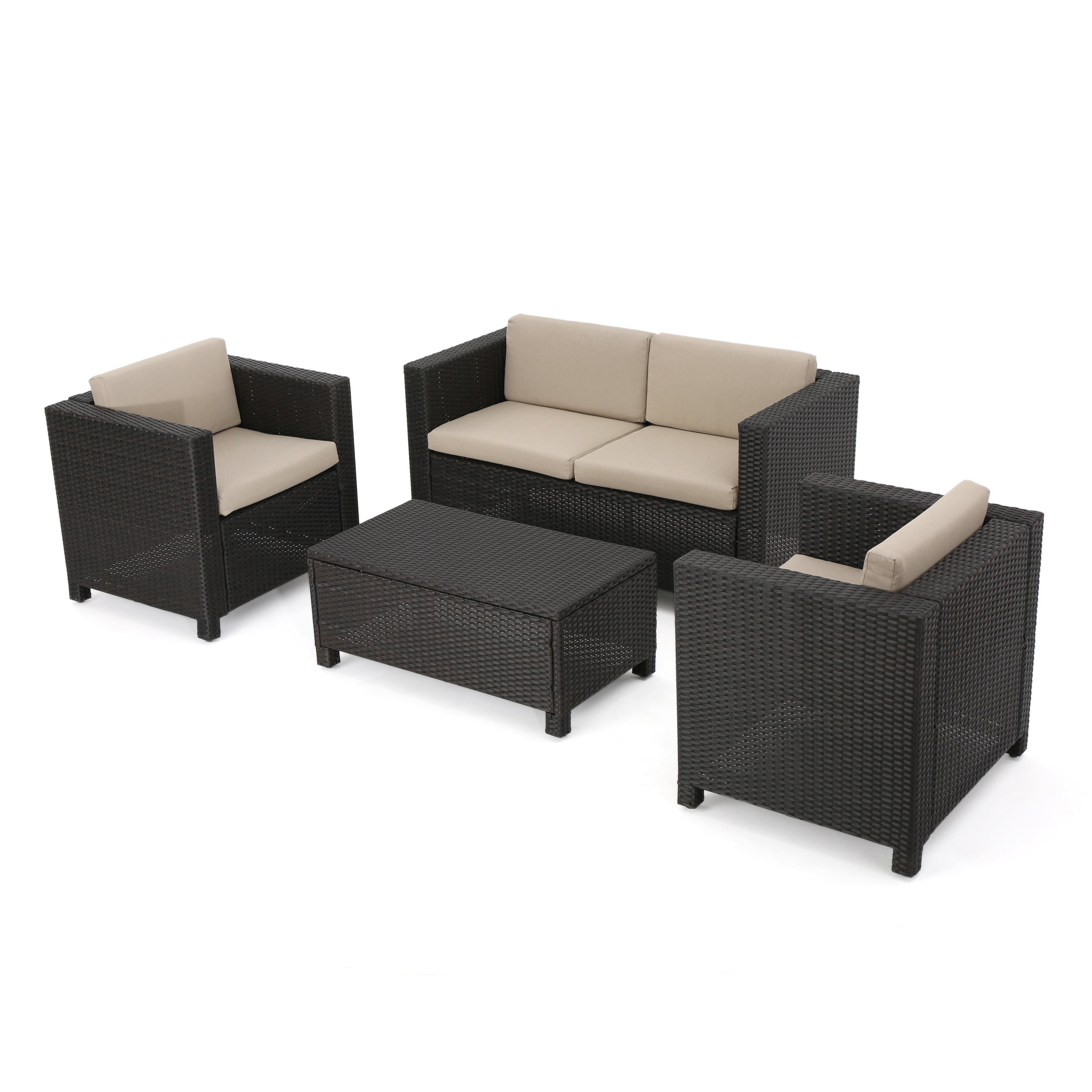 Cascada 4 Piece Wicker Chat Set with Cushions and Cover, Dark Brown, Beige