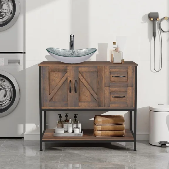 ELECWISH Bathroom Vanity, 36" Bathroom Vanity with Sink Combo Set, Dark Brown Modern Wood Bathroom Cabinet with White Ceramic Bathroom Sink