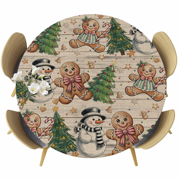 Beige Woode Christmas Round Tablecloth, Fitted Table Cover with Elastic for 45"-54" Round Tables, Xmas Tree Gingerbread Snowman Winter Table Cloth Outdoor Indoor Dinning Party Waterproof Tablecloths