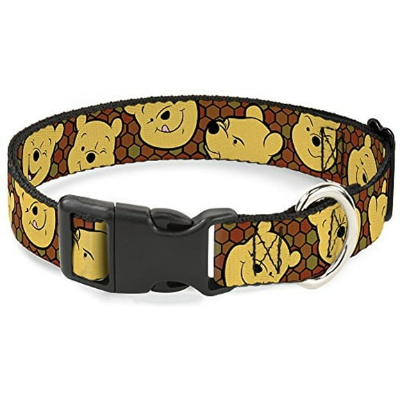 buckle-down winnie the pooh expressions honeycomb black browns disney breakaway plastic clip collar, narrow-large