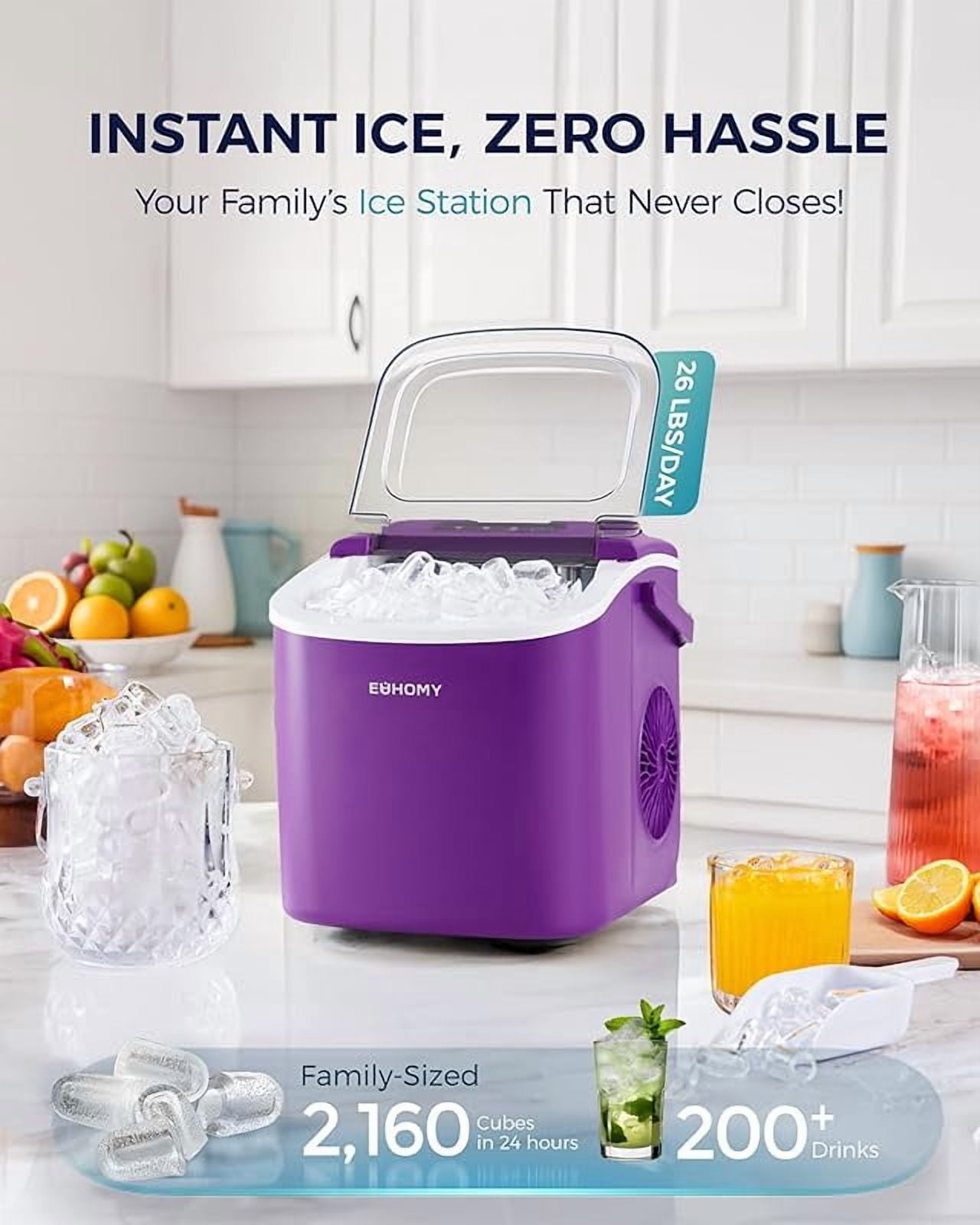 Countertop Ice Maker Machine with Handle, 26lbs Per Day, 9 Ice Cubes Ready in 6 Mins, Auto-Cleaning Portable Ice Maker with Basket and Scoop, for Home/Kitchen/Camping/RV (Purple)